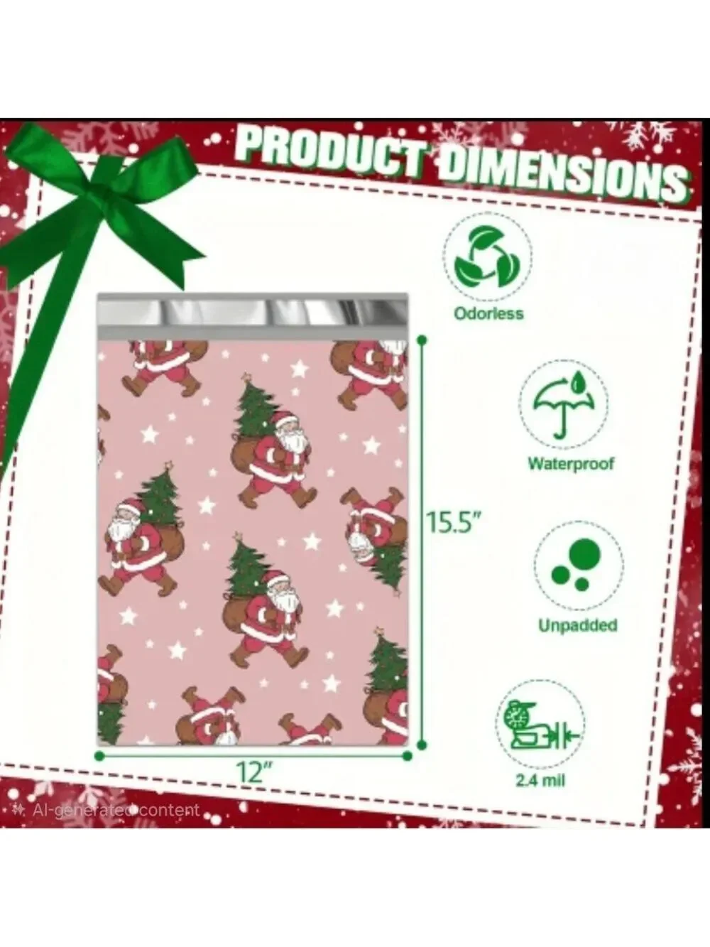 Ten Pink Santa Claus Christmas Sack 12x15.5 Poly Mailers